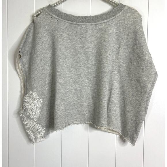 Free People Cropped Gray Sweatshirt with Bead and Lace Applica Size Large - Picture 5 of 7